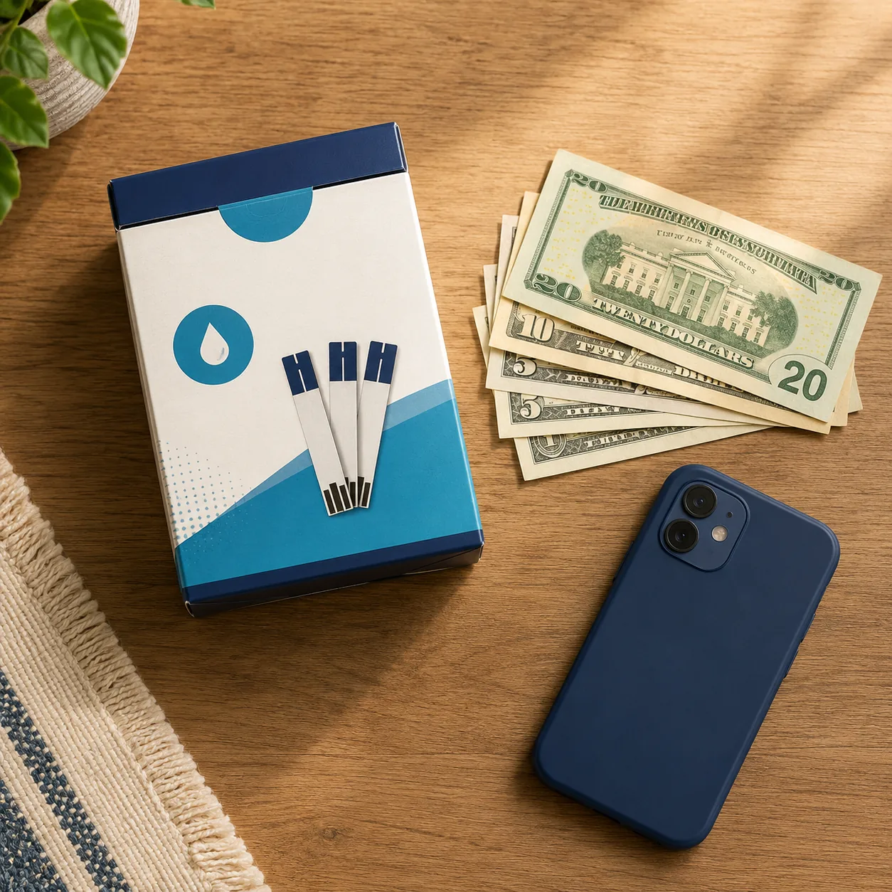 A sealed diabetic test strip box, a stack of bills, and a smartphone on a wooden tabletop.