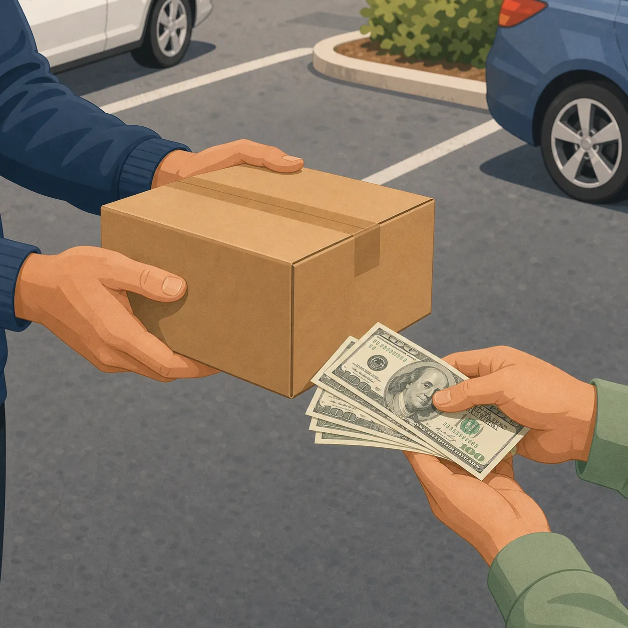 Two hands exchanging a sealed cardboard box and US dollar bills at a parking lot pickup.