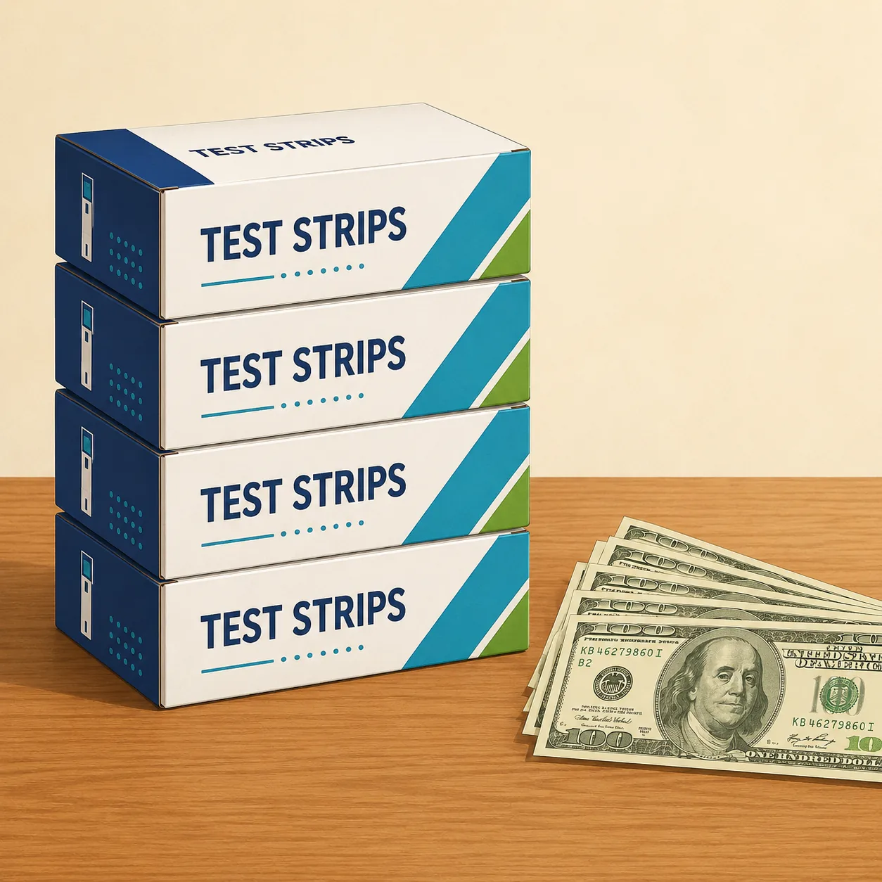 A neat stack of four sealed TEST STRIPS boxes next to a fan of US dollar bills.