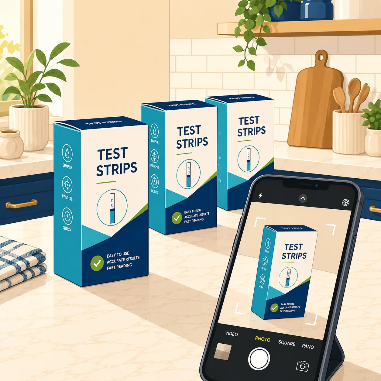 Three sealed TEST STRIPS boxes on a kitchen counter, with a smartphone framing one in its camera viewfinder.