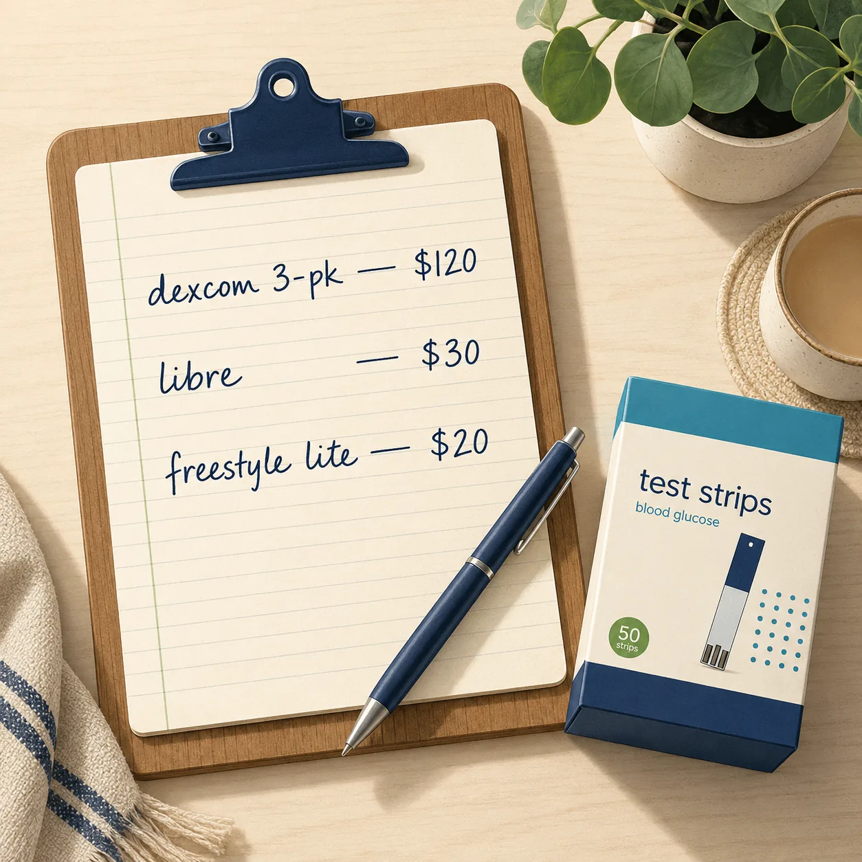 A wooden clipboard with handwritten prices: Dexcom 3-pk $120, Libre $30, FreeStyle Lite $20, beside a sealed test strip box.