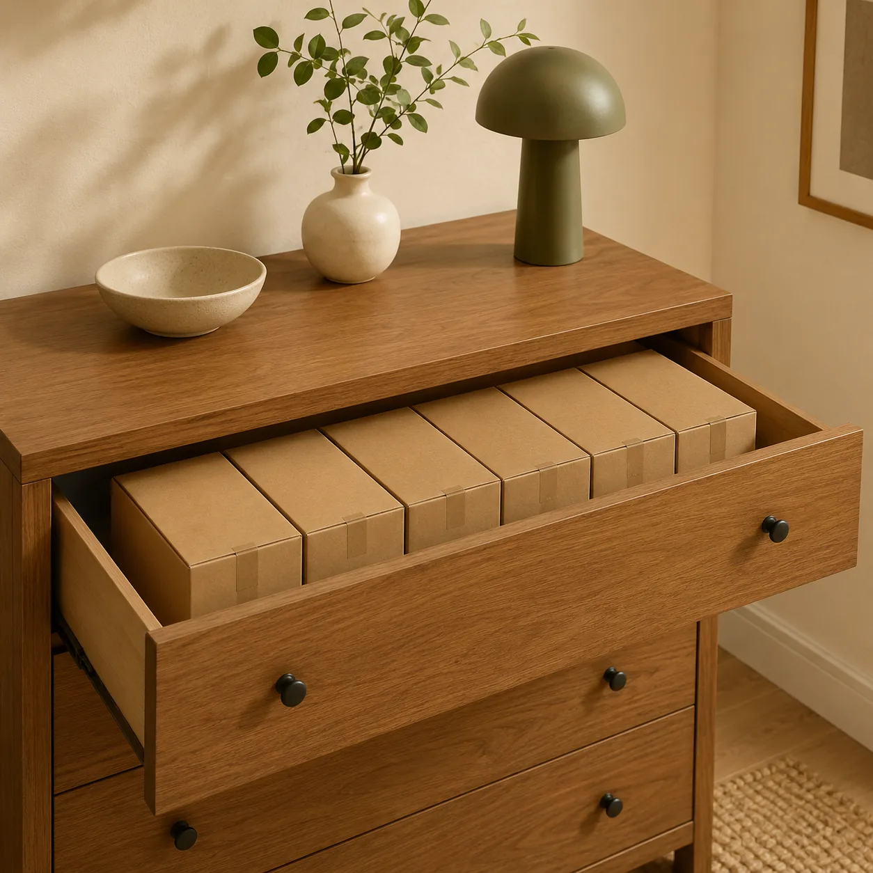 A wooden dresser drawer pulled open with a neat row of sealed cardboard boxes inside.