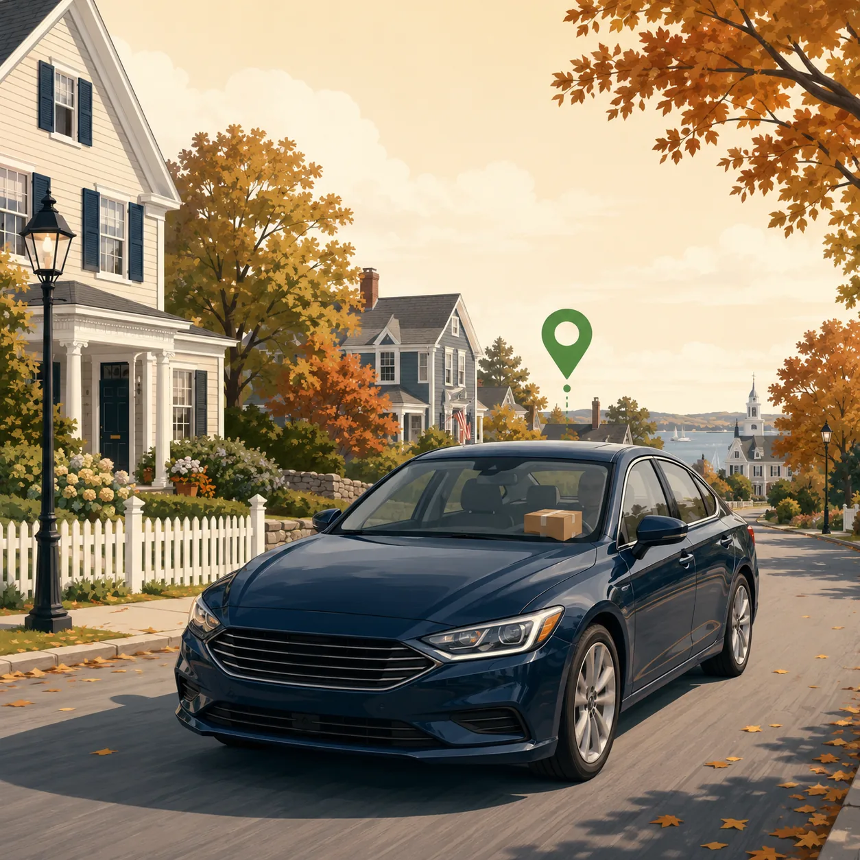 A car driving along a quiet New England suburban street, with a green pickup pin marker and a small box visible inside.