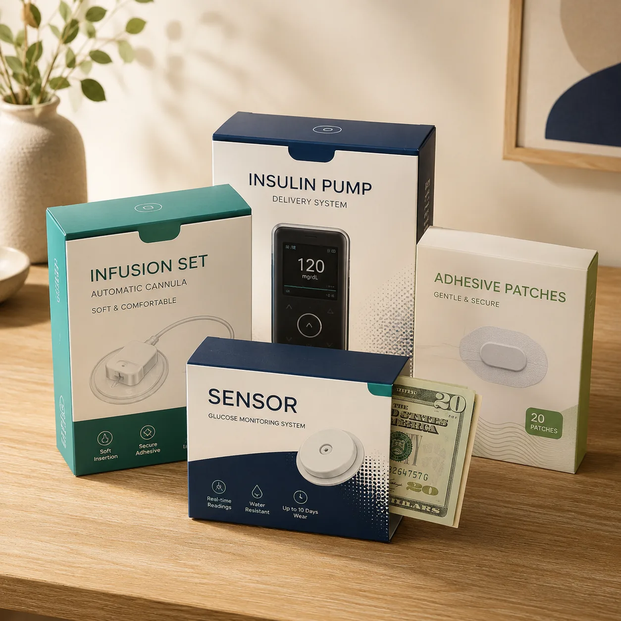 A group of sealed CGM sensor and pump-supply boxes arranged on a tabletop with US dollar bills tucked alongside.