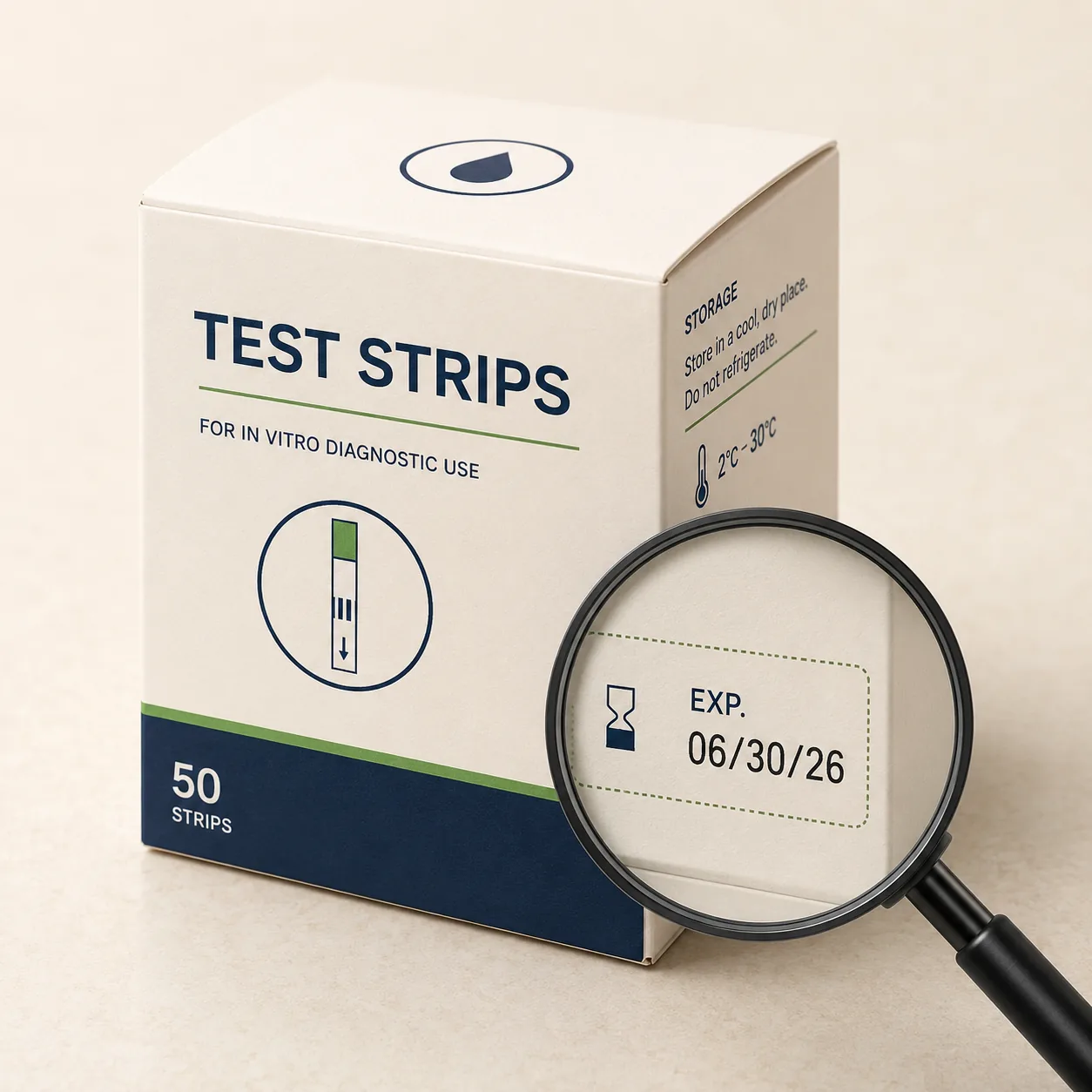 A sealed TEST STRIPS box with a magnifying glass hovering over the side where the expiration date is printed.