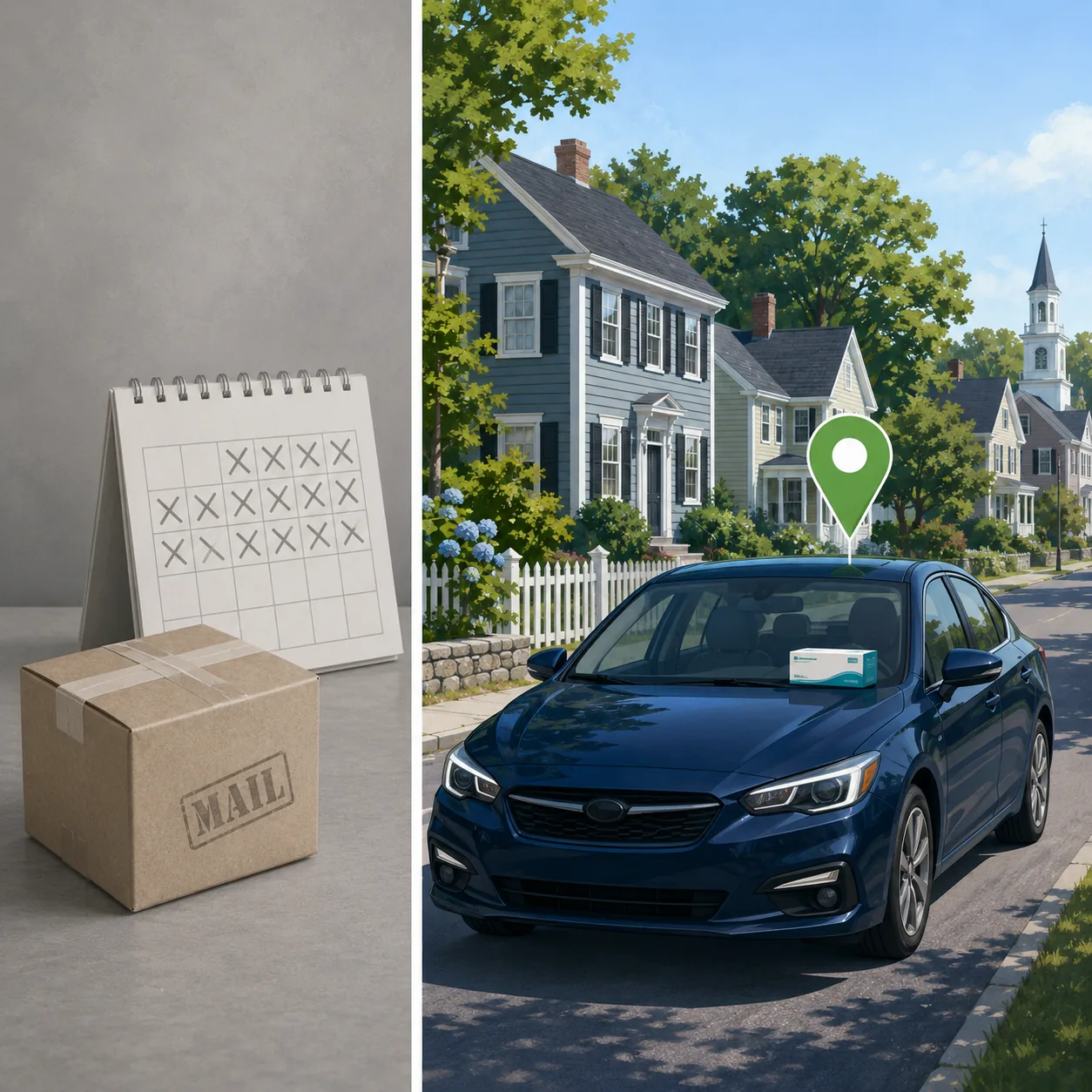 A split illustration: a muted mail parcel with a wait-time calendar on the left, a vibrant car with a green pickup pin on the right.