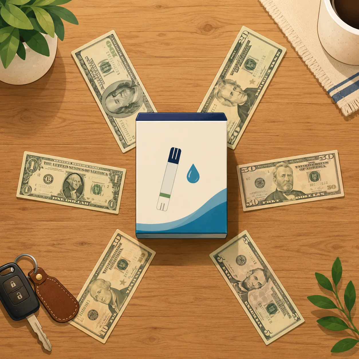 An overhead flat-lay of a sealed test strip box surrounded by a radial fan of US dollar bills, with a car key at the edge.