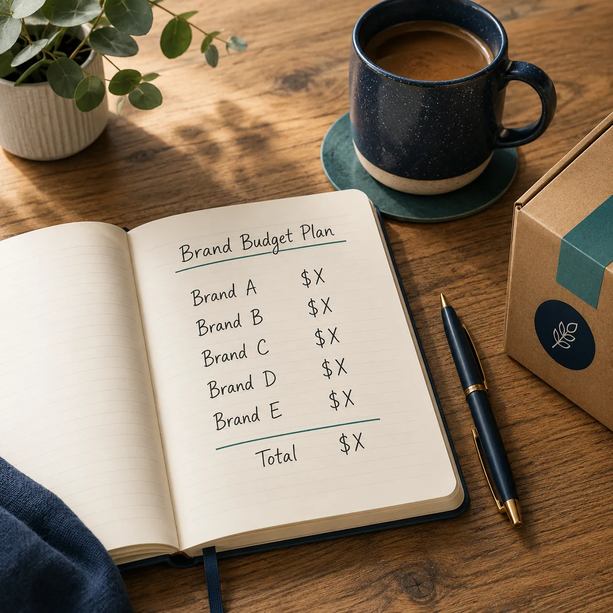 A handwritten notebook listing brand price plans, beside a coffee mug, a pen, and a sealed cardboard box.